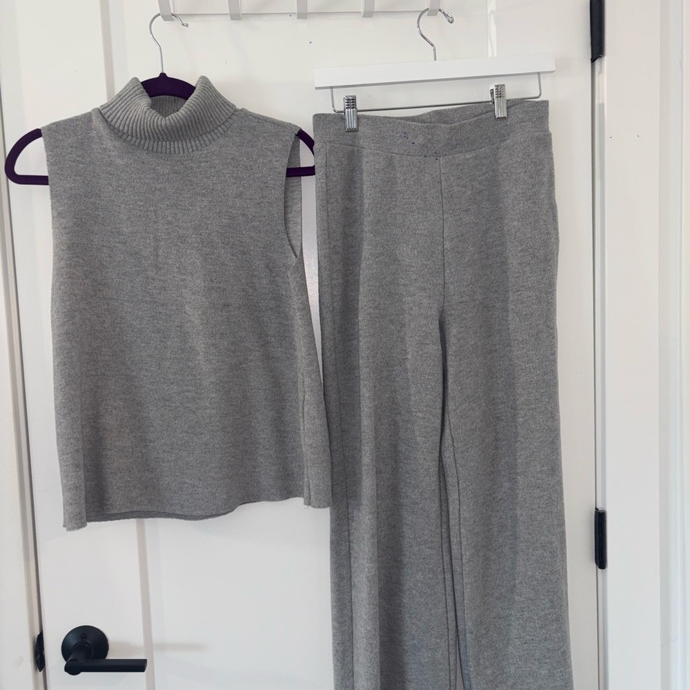 Zara Gray Knit Wide Leg Pants and Sleeveless Turtleneck Top